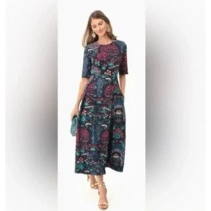 Vestido Tuckernuck Midi XL Medianoche Jardín Floral Estampado Pavo Real Negro Modesto Nuevo con Etiquetas - Imagen 1 de 10