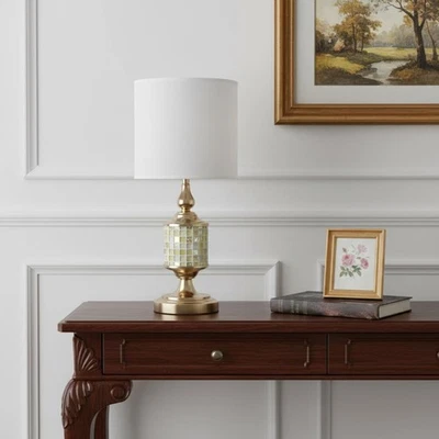 23" Gold Bedside Table Lamp With White Drum Shade - Image 1 of 4