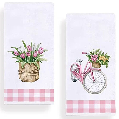 Watercolor Spring Flower Bicycle Kitchen Dish Towel 18 x 28 Inch Set of 2,  - Image 1 of 4