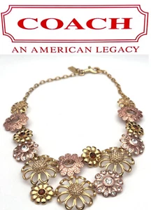 COACH Vintage Pave Multi Flower Charm Swarovski Crystals Mix Metals Bib Necklace - Picture 1 of 5