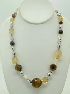 Sterling Silver Citrine, Tigers Eye, MOP Bead Statement Necklace 18.5"-20.5" - Picture 1 of 15