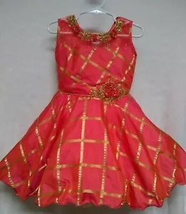 Puffy Toddler Girls Dress Sz 3-4 yrs. Beaded w/flowers Orange/Gold EUC - Picture 1 of 4