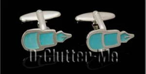 MENS CUFF LINKS SALVATORE ZANETTI ITALIAN HANDMADE SILVER PLATED PEN CANDLE AQUA - Picture 1 of 1
