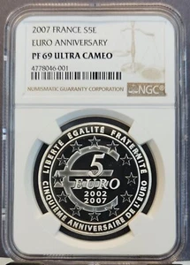 2007 FRANCE SILVER 5 EURO S5E EURO ANNIVERSARY NGC PF 69 ULTRA CAMEO TOP POP - Picture 1 of 3
