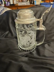 Vtg Etched Glass Beer Stein From N W Germany Pewter Lid Preowned - Picture 1 of 18
