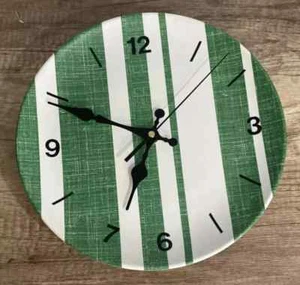 Ceramic Wall Clock Hand Crafted Round White Green Stripes Open Style Silent/Tic - Picture 1 of 8