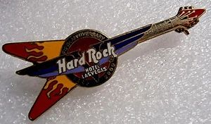 LAS VEGAS HOTEL 5th ANNIVERSARY RED FLYING V GUITAR FLAMES BLUE AIR WINGS PIN - Picture 1 of 1
