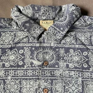 Vintage LL Bean Shirt Mens XL Blue Hawaiian Floral Aztec Mayan Tribal Y2K - Picture 1 of 6