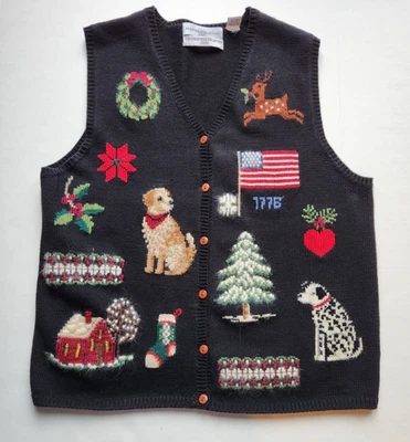 De Colección Grande 2002 Marisa Christina Negro Navidad Suéter Chaleco Bordado Perro Foto 1 de 4