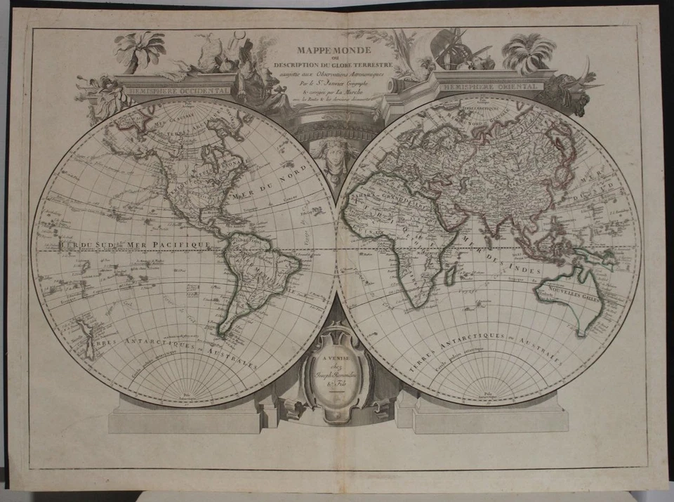 MAPA DEL MUNDO 2 HEMISFERIOS GRABADO EN COBRE INUSUAL JANVIER & REMONDINI 1790 Foto 1 de 1