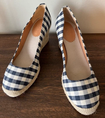 Новый без ЯРЛЫКОВ J экипажа туфли Sz 10 Espadrille на танкетке классический темно-синий чек каблук - Изображение 1 из 4