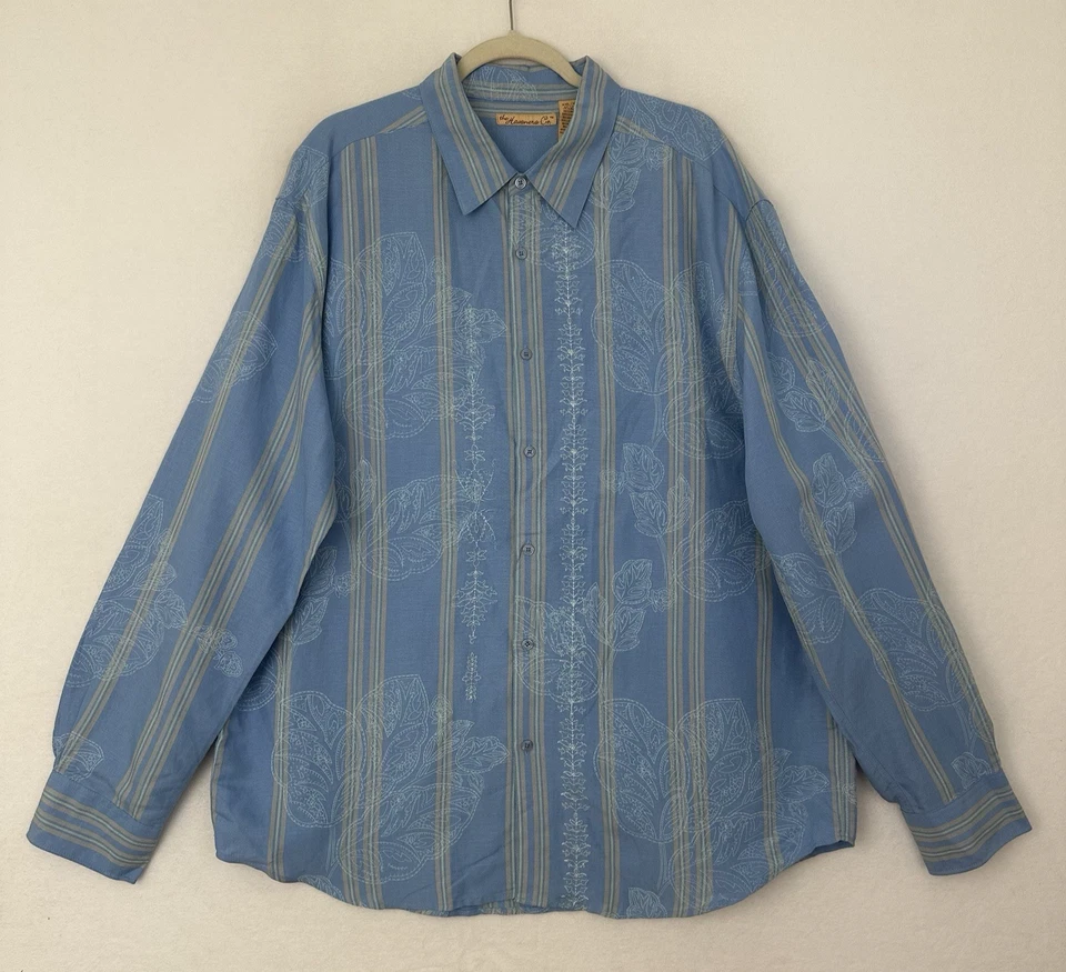 Camisa XXL para Hombres The Havanera Co Abotonada Mezcla de Lino Rayas Cosida Floral Azul Foto 1 de 4