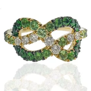 18KT Yellow Gold Diamond and Green Stone Knot Infinity Ring - Picture 1 of 7