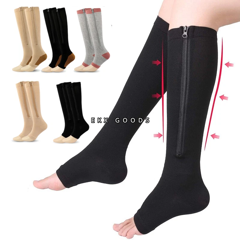 Zipper Open Toe Compression Socks 20-30mmHg Calf Leg Ankle Support Stocking - Image 1 of 4