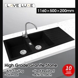 Black Granite Quartz Stone Kitchen Sink Double Bowls Drainboard Waste 1160x500mm - Picture 1 of 11