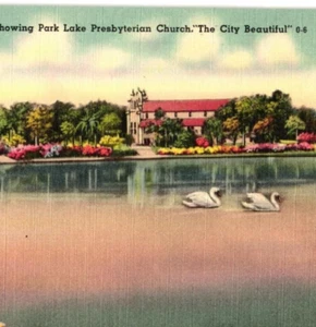 Postkarte Florida Orlando Park Lake Presbyterianische Kirche, Schwäne Blumen - Bild 1 von 3