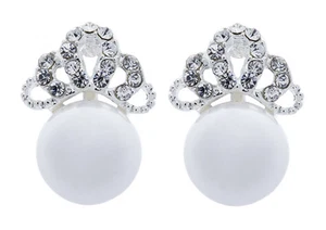 Big Pearl Clip On Earrings silver plated stud with clear crystals - Hope - Picture 1 of 3