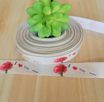 7/8" (1 YD) I love You Mom Cinta Rosa Clavel Día de la Madre Regalo Envoltura Cinta Foto 1 de 3