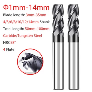 4 Flute Solid Carbide End Mill 1mm-14mm Milling Cutter Tungsten Steel HRC58° - Picture 1 of 12