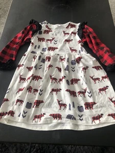 Buffalo Plaid Ruffle Girls Dress Handmade Deer Elk Bear Size 5T Christmas Dress - Picture 1 of 5