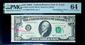 1969C $10 FEDERAL RESERVE NOTE-MISALIGNMENT/2 REJECTION MARKS ERROR-PMG #64-RARE
