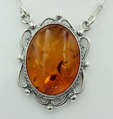 Collana In Ambra Bernstein 925 Argento Sterling Ca 40 Cm - Immagine 1 di 4
