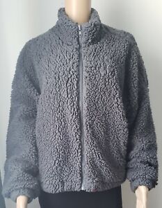 Urban Outfitters Gray Sherpa Fleece Cropped Zip Lined Jacket Pockets size L