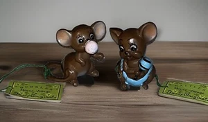 Vintage 2er Set Josef Originals Mouse Village Kaugummi Baby - Rasseln - Bild 1 von 9
