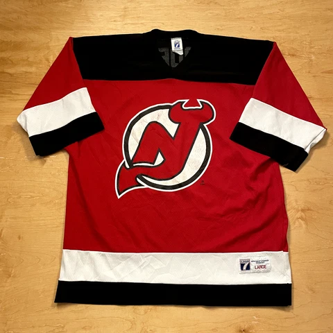 Vintage 90's New Jersey Devils Red Logo 7 Large VTG Hockey Jersey Cover