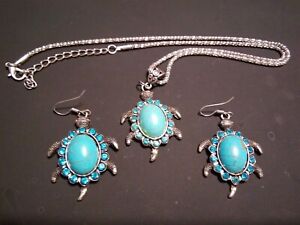 Cute New Tibetan Silver Turquoise Sea Turtle Necklace & Hook Dangle Earrings Set
