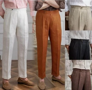 Herren 100 % Leinen italienischer Stil Hose Sommer hohe Taille gerade Hose Anzughose - Bild 1 von 11