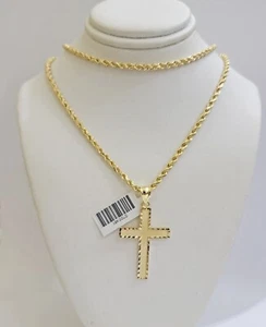 10k Yellow Gold Rope Chain & Cross Charm Set , 22 Inch 3mm necklace pendant REAL - Picture 1 of 7