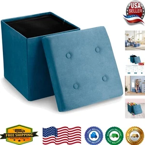 15" Teal Blue Storage Ottoman - Multi-Functional Cube Foot Stool for Organizing - Picture 1 of 11