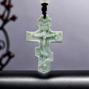 Natürliche echte Jade Kreuz Anhänger Halskette Edelsteine geschnitzt Schmuck Stein Geschenk - Bild 1 von 11