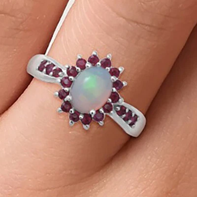 925 Sterling Silver Ethiopian White Opal and Ruby Cocktail Ring Sizes #6 #8 #10 - Image 1 of 4