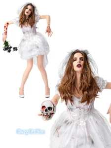 H-B2-1 Women Zombie Bride Costume Graveyard Corpse Ghost Wedding Dress Halloween - Picture 1 of 8