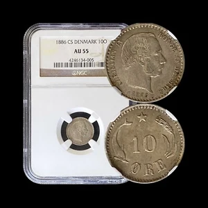 DENMARK. 1886, 10 Ore, Silver - NGC AU55 - Christian IX, Porpoise 🐬  - Picture 1 of 5