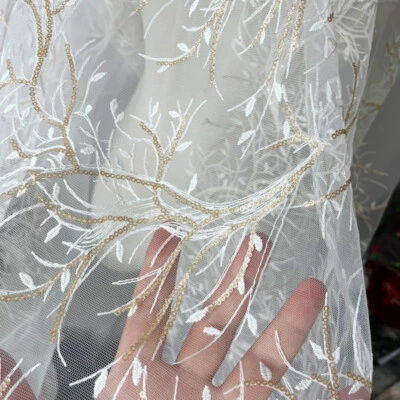 Lace Embroidered Sheer Fabric Mesh Flower Sequins for Evening Wedding Dress DIY - Image 1 of 4