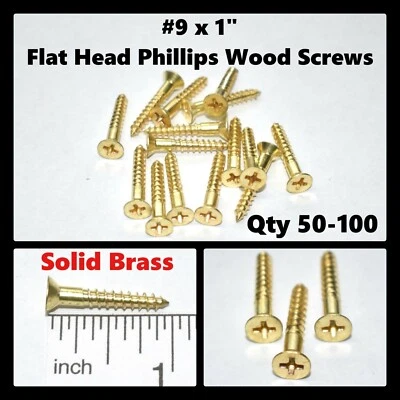 Tornillos de madera de latón macizo avellanador de cabeza plana Phillips #9 x 1" (cantidad 50-100) Foto 1 de 4