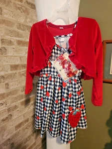 Biscotti - Erdbeer Kleid mit rotem Samt Cardigan Set 2T-3T Neu mit Etikett mit Haarspange - Bild 1 von 6