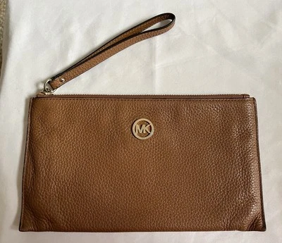 Michael Kors Fulton Cognac Pebbled Leather Large Zip Clutch Wristlet Wallet GUC - Image 1 of 4