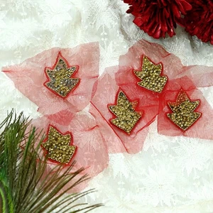 Vintage Red Net Hand-Embroidered Appliques – Set of 5 I Zardozi, Dabka, Bead - Picture 1 of 6