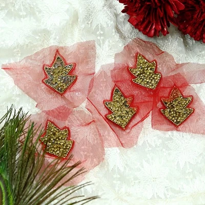 Vintage Red Net Hand-Embroidered Appliques – Set of 5 I Zardozi, Dabka, Bead - Image 1 of 4