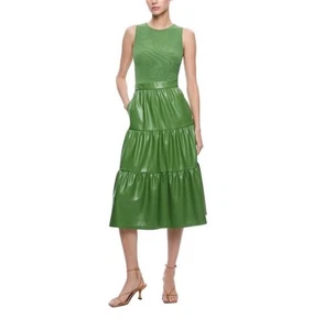 Alice + Olivia Chara Midikleid veganes Leder ärmellos Stufen Avocado grün - Bild 1 von 12