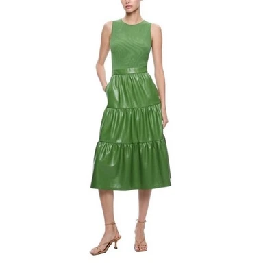 Alice + Olivia Chara Vegan Leather Sleeveless Tiered Midi Dress Avocado Green - Image 1 of 4
