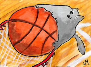 Aceo Print of Cat Painting Slam Dunk Basketball Miniature Folk Art Josh Merritt - Picture 1 of 1