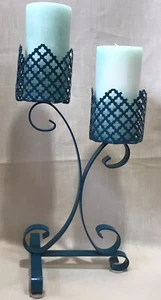Retro 1950-60’s Turquoise Color 16" Punched Metal Candle Holder & 2 Candles, FUN - Picture 1 of 13