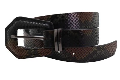 Jeans feminino preto marrom couro sintético moda cintura quadril cinto estampa pele de cobra P M - Imagem 1 de 4