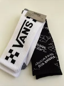 New Vans Logo Mens 2 Pairs Skater Surfer Street Gym Crew Socks Checked White Blk - Picture 1 of 6