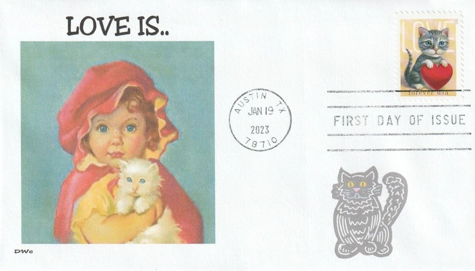 LOVE IS - SWEET GIRL WITH KITTEN - CAT       FDC- DWc CACHET - Image 1 of 1